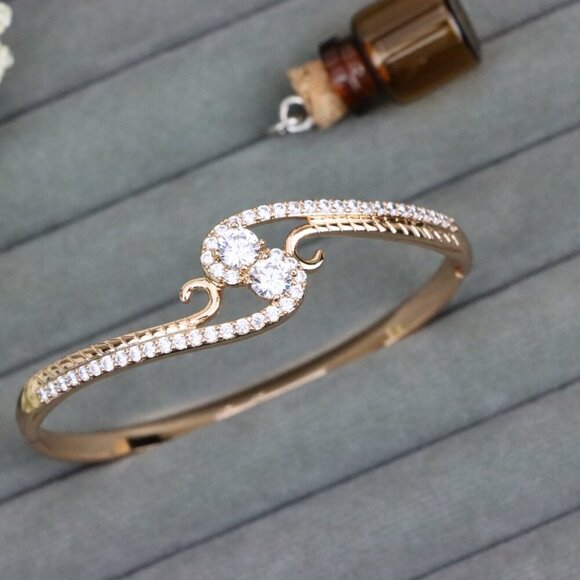 Rose Gold Bangle with Dual CZ Stones and Swirl Detail, XPBL0540 - Picture 1 of 12